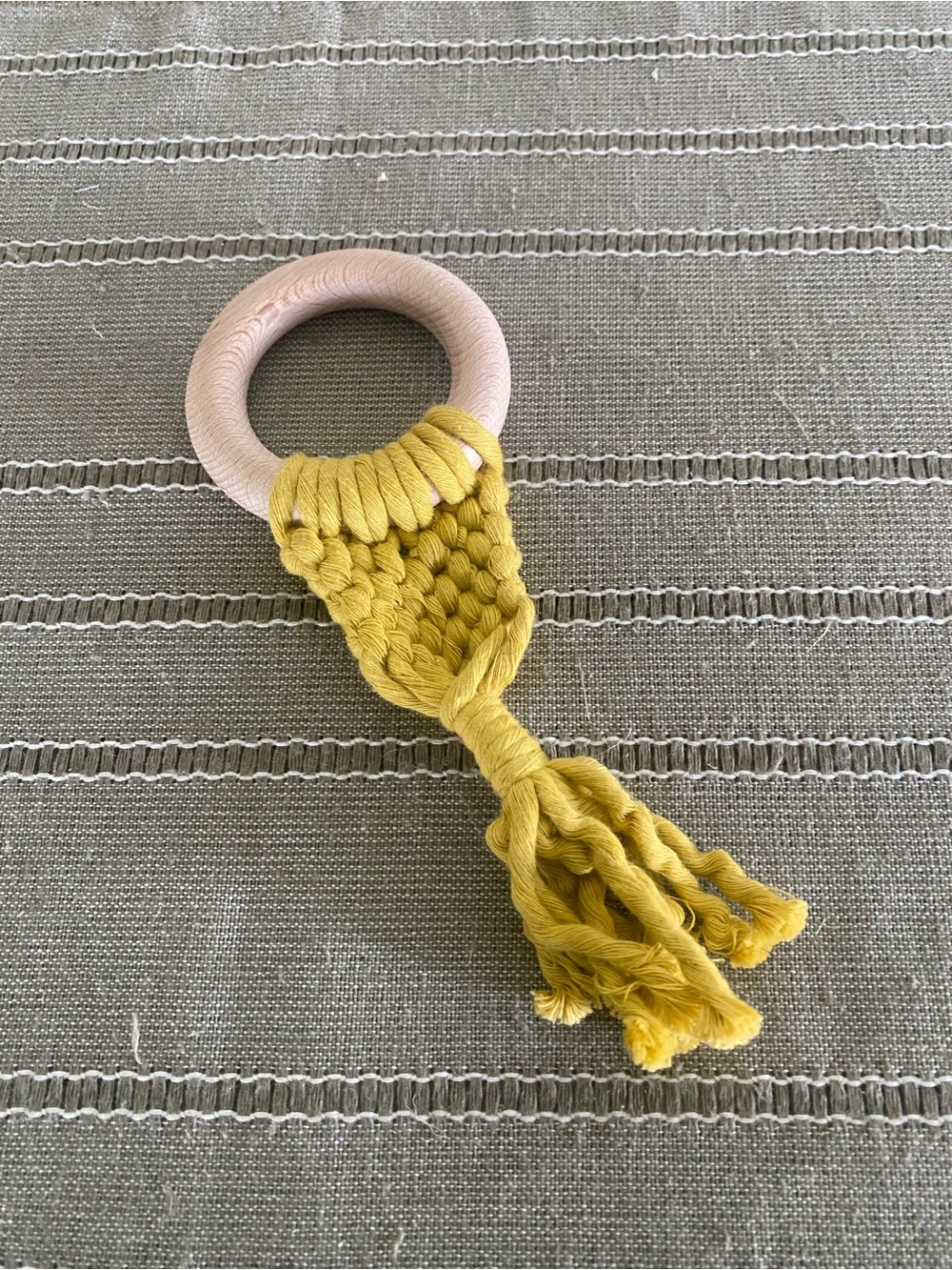 Yellow Crochet Baby Teether Sensory Toy, Montessori Wooden Toy Baby Shower Gift
